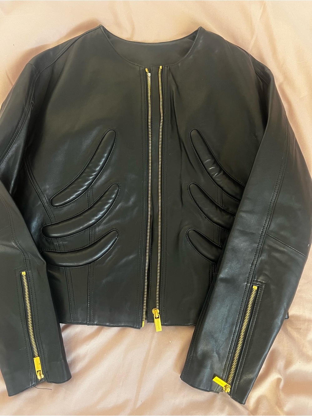 Women’s Black Leather Bomber Jacket with Gold Zippers